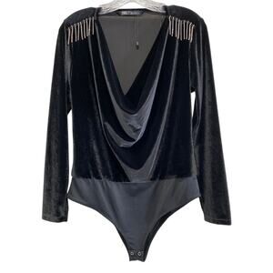 Zara Black Velvet Witchy Cowl Neck Bodysuit Size L Rhinestone Fringe Long Sleeve